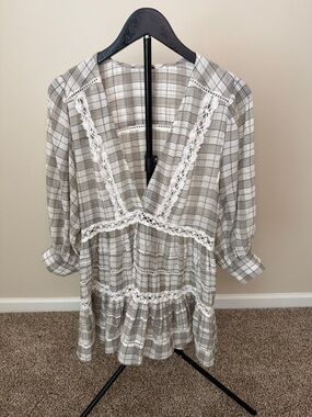 Free People Neutral Plaid Lace-Trim Peasant Top